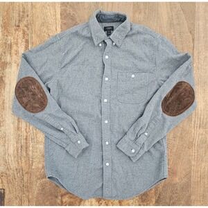 J Crew Button Up Shirt Mens Small Gray Wool Blend Suede Elbow Patch Long Sleeve